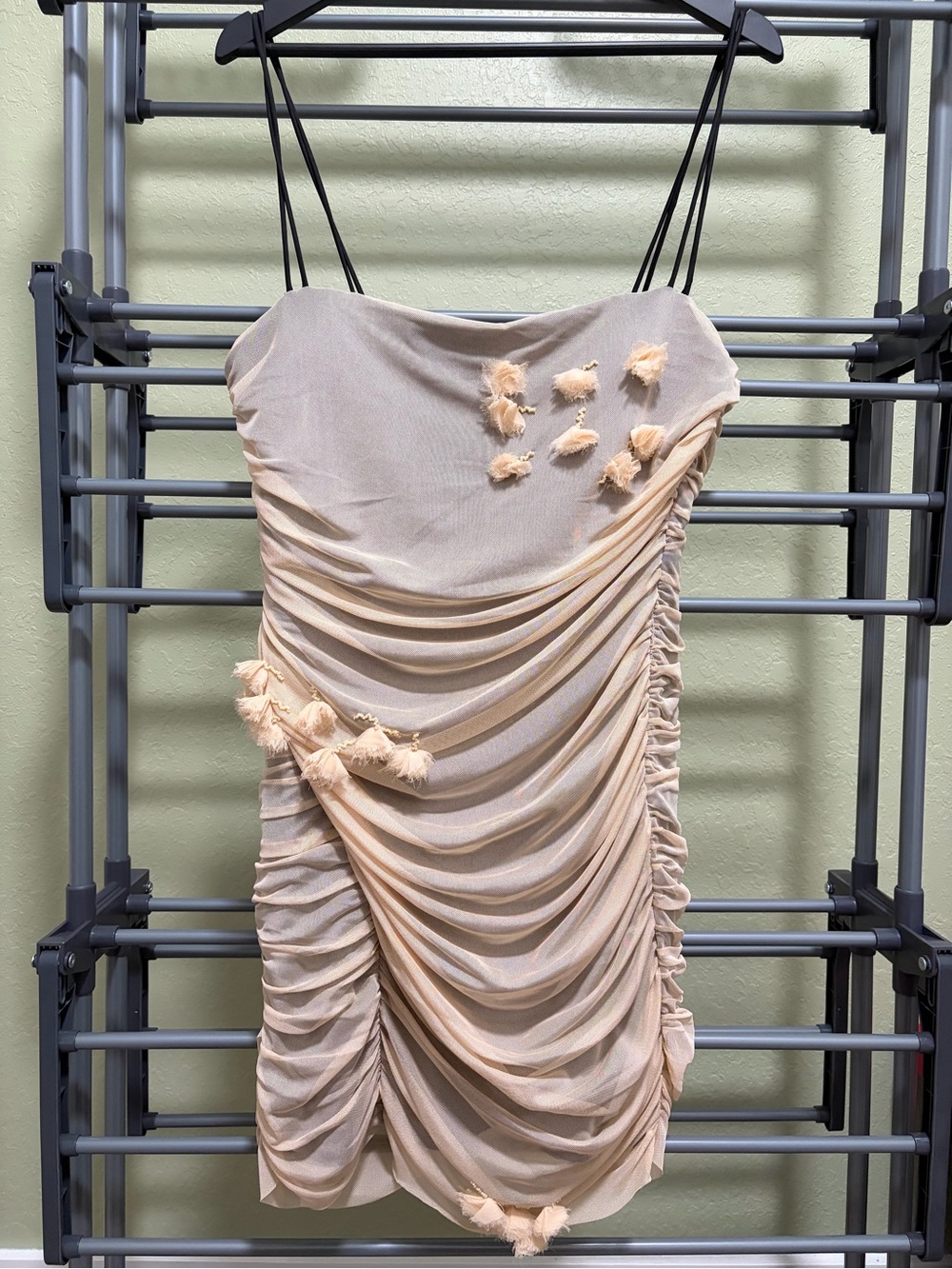 Zara Beige Ruched Tassel Mini Dress - Women